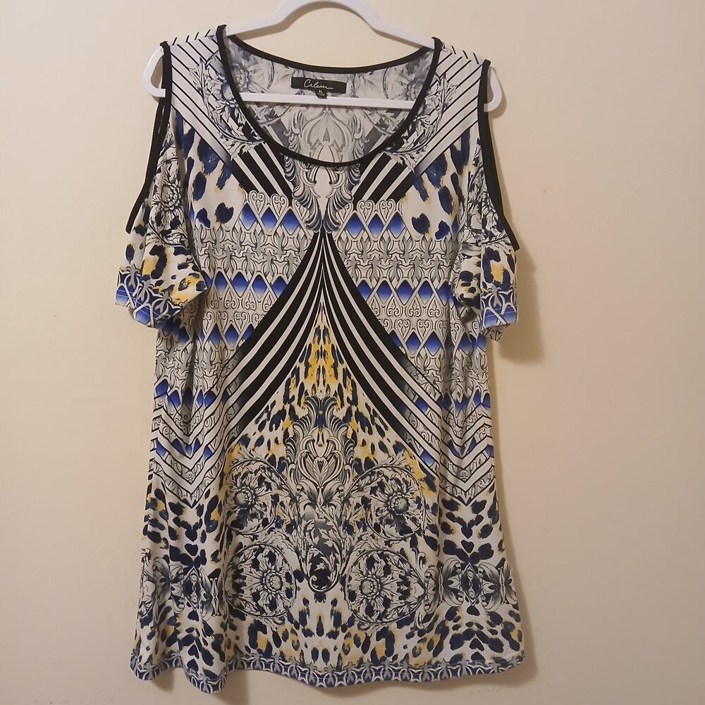Calessa Dress Women's Size XL Multi Print Cold Shoulder Mini Dress